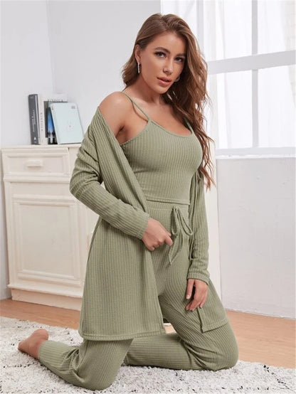 Home Wear Waffle Knitted Suspenders Top And Trousers Robe Pajamas Three-piece Suit