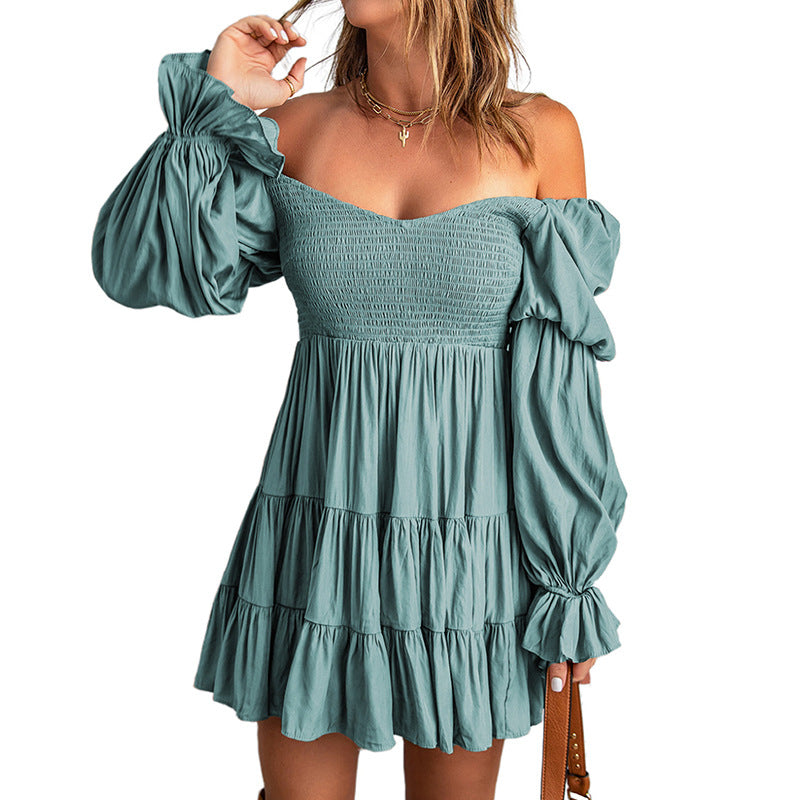 Pure Color Ruffles Square Collar Long Sleeve Dress