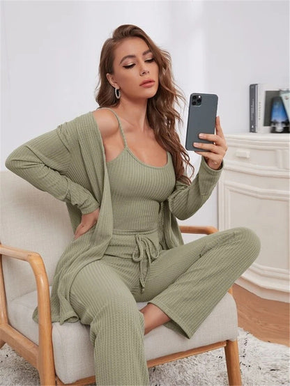 Home Wear Waffle Knitted Suspenders Top And Trousers Robe Pajamas Three-piece Suit