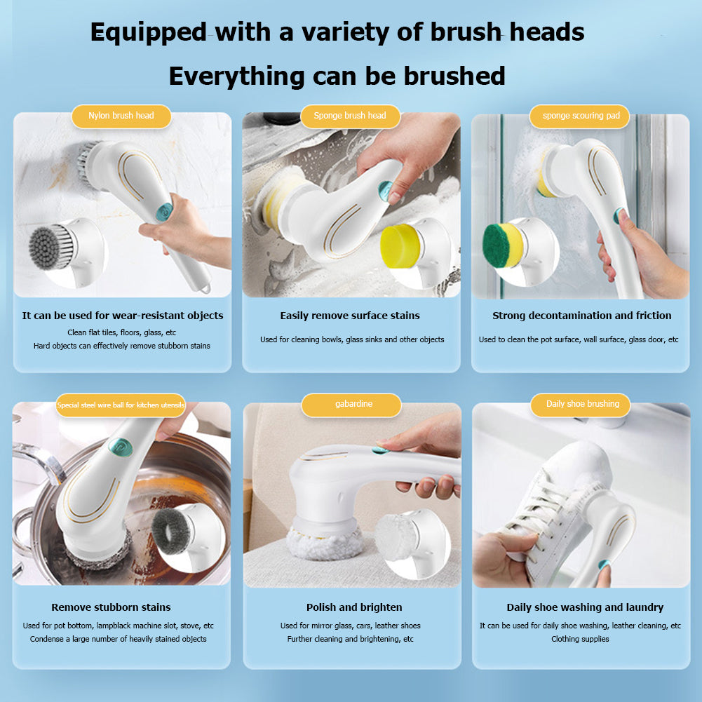 Multifunctional Electric Handheld Kitchen Household Dishwashing Scrubber | Bathtub, Sink Bathroom, Kitchen, Tile Cleaning Tool Brush Set With 5 Heads