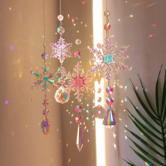 Christmas Colourful Snowflake Crystal Sun Catcher | Window Ice Pillar Pendant | Christmas Tree Decorations