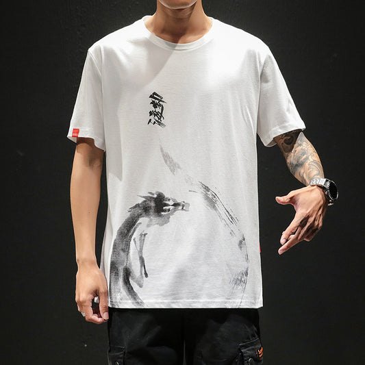 Men's loose T-shirt with ink printing
